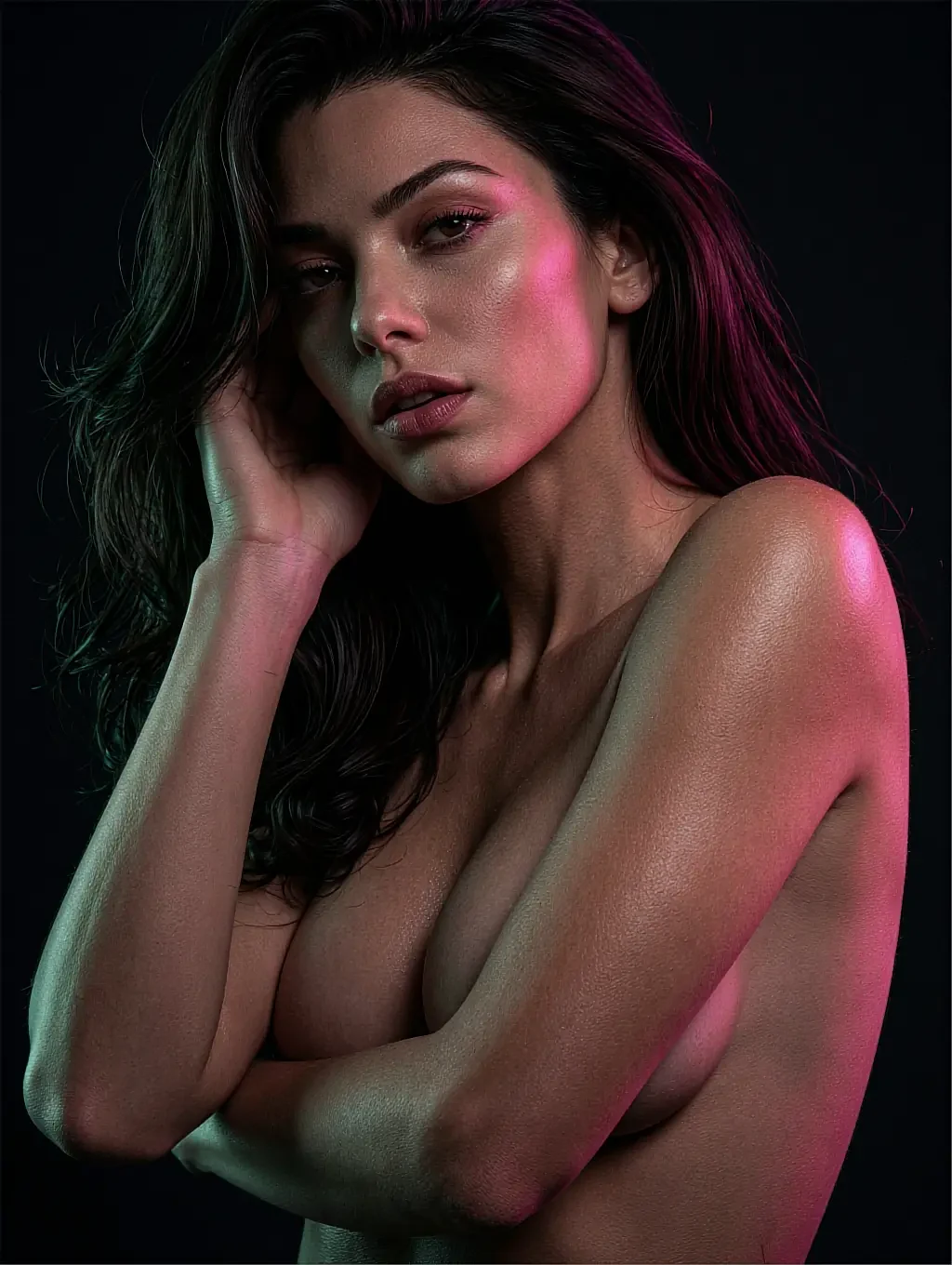 Noor, a fictional AI companion, topless with her arms folded across her chest, lit green and magenta against black