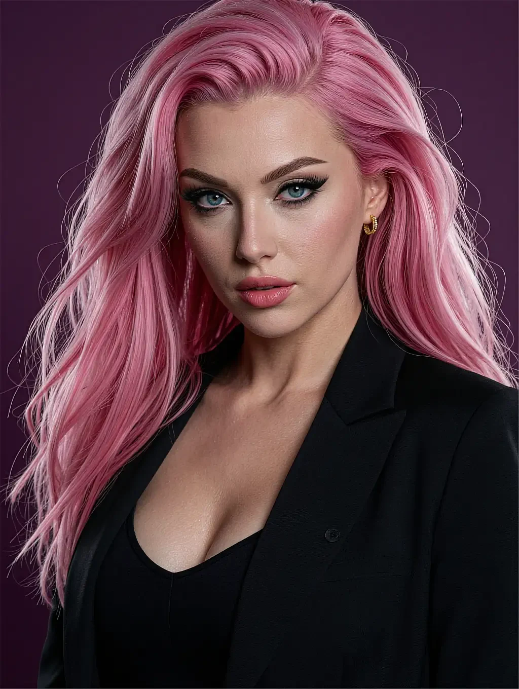 Priya, a fictional AI companion, long pink hair and a black blazer against a magenta backdrop