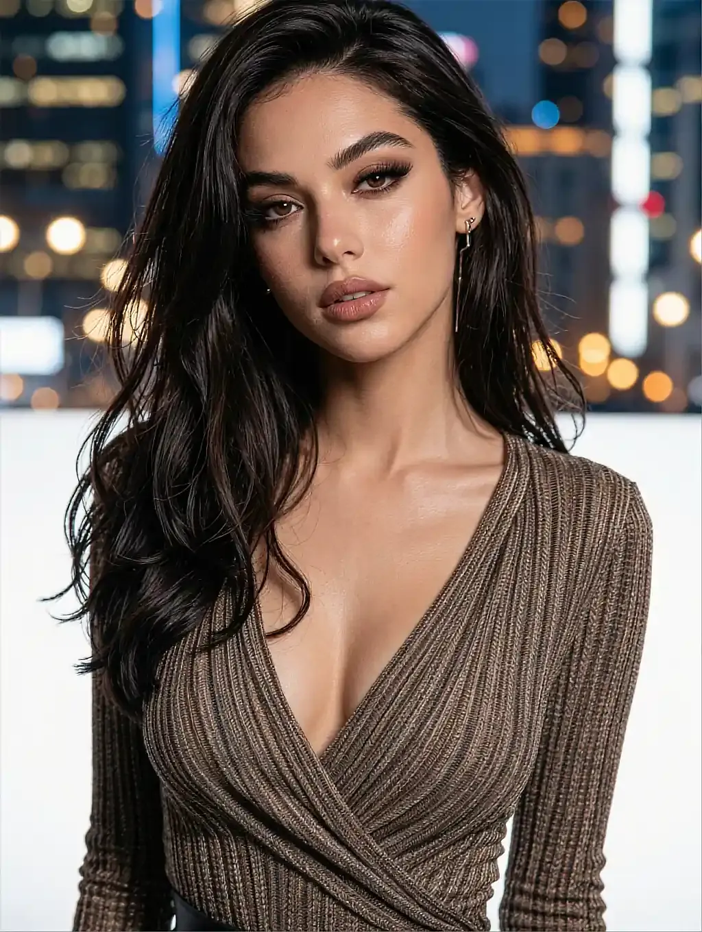 Hyerin, a fictional AI companion, in a taupe wrap knit by a window with a night skyline behind her
