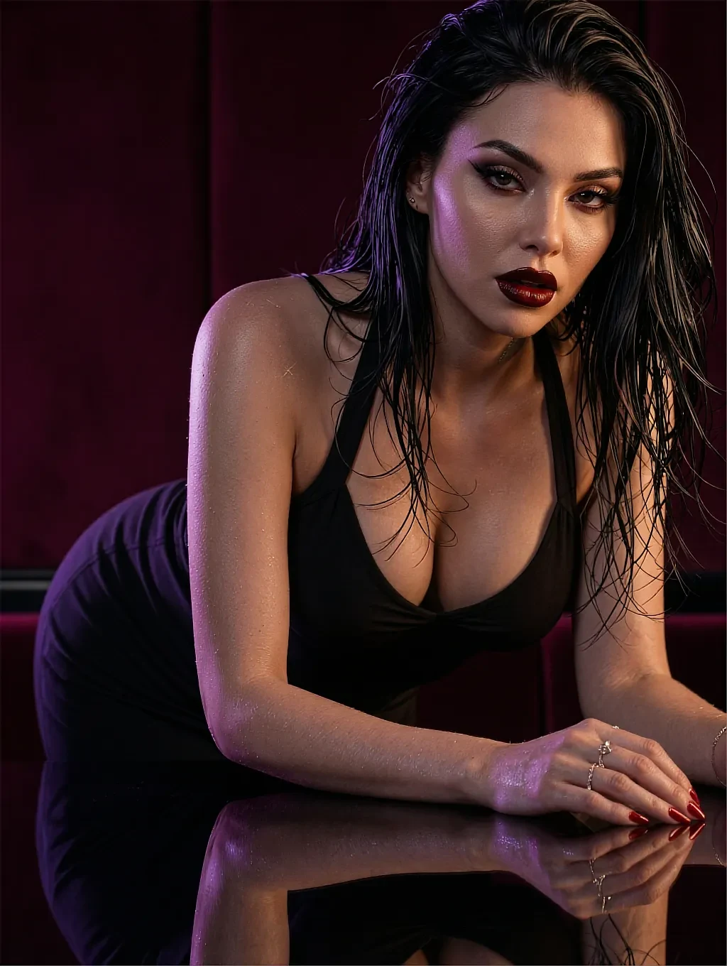 Greta, a fictional AI companion, in a black top, leaning on a polished dark table in a deep red room