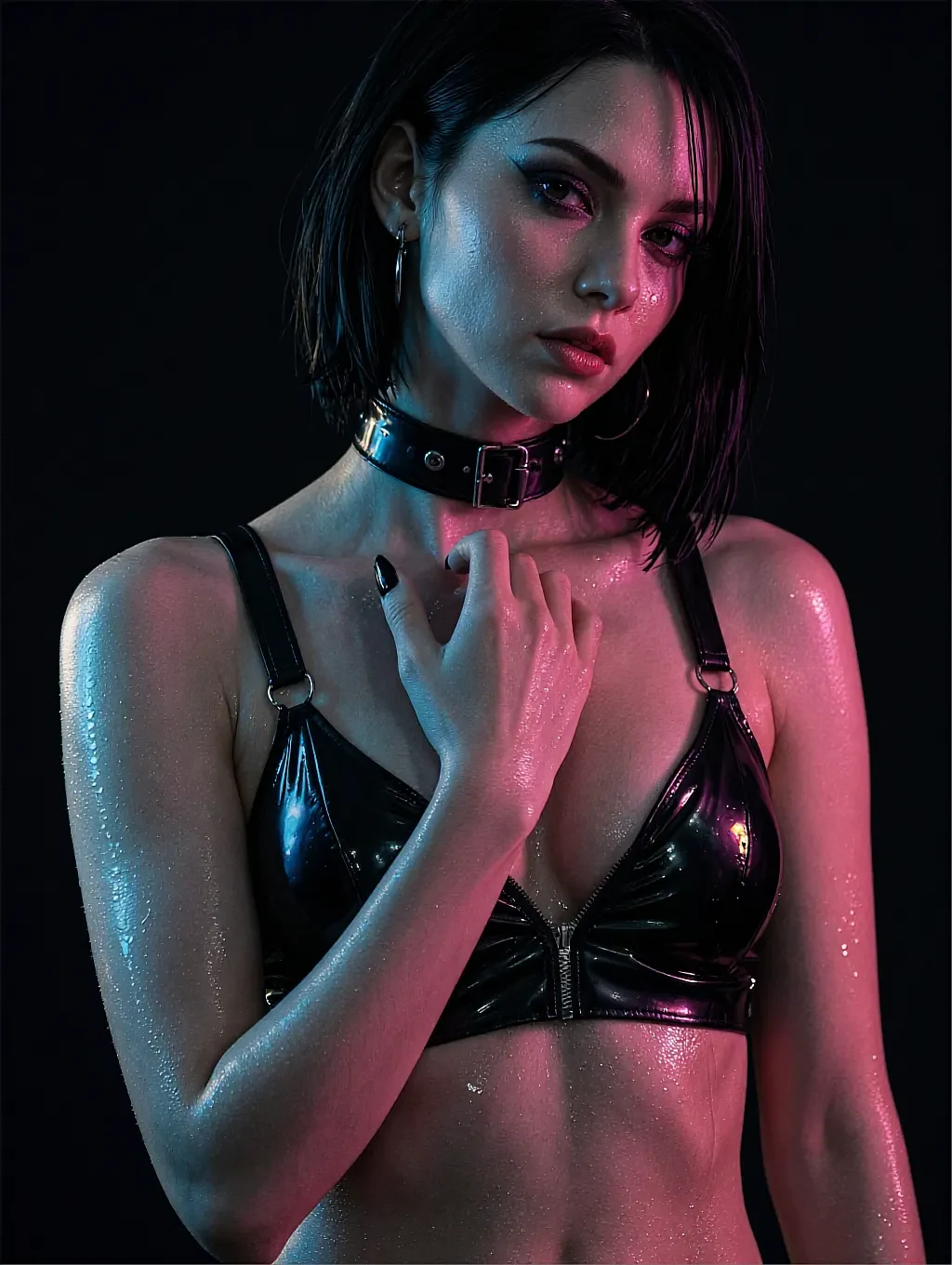 Fictional AI companion with a dark bob in a black latex bra and studded choker under blue-violet neon