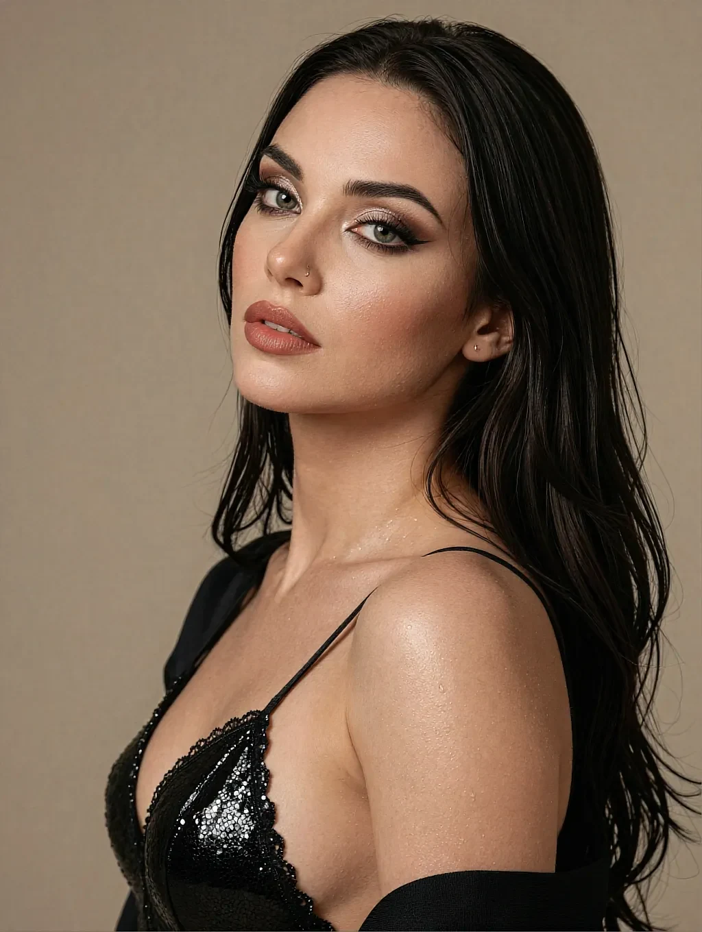 Fictional AI girlfriend in a black lace bra, a studio portrait on a plain warm background