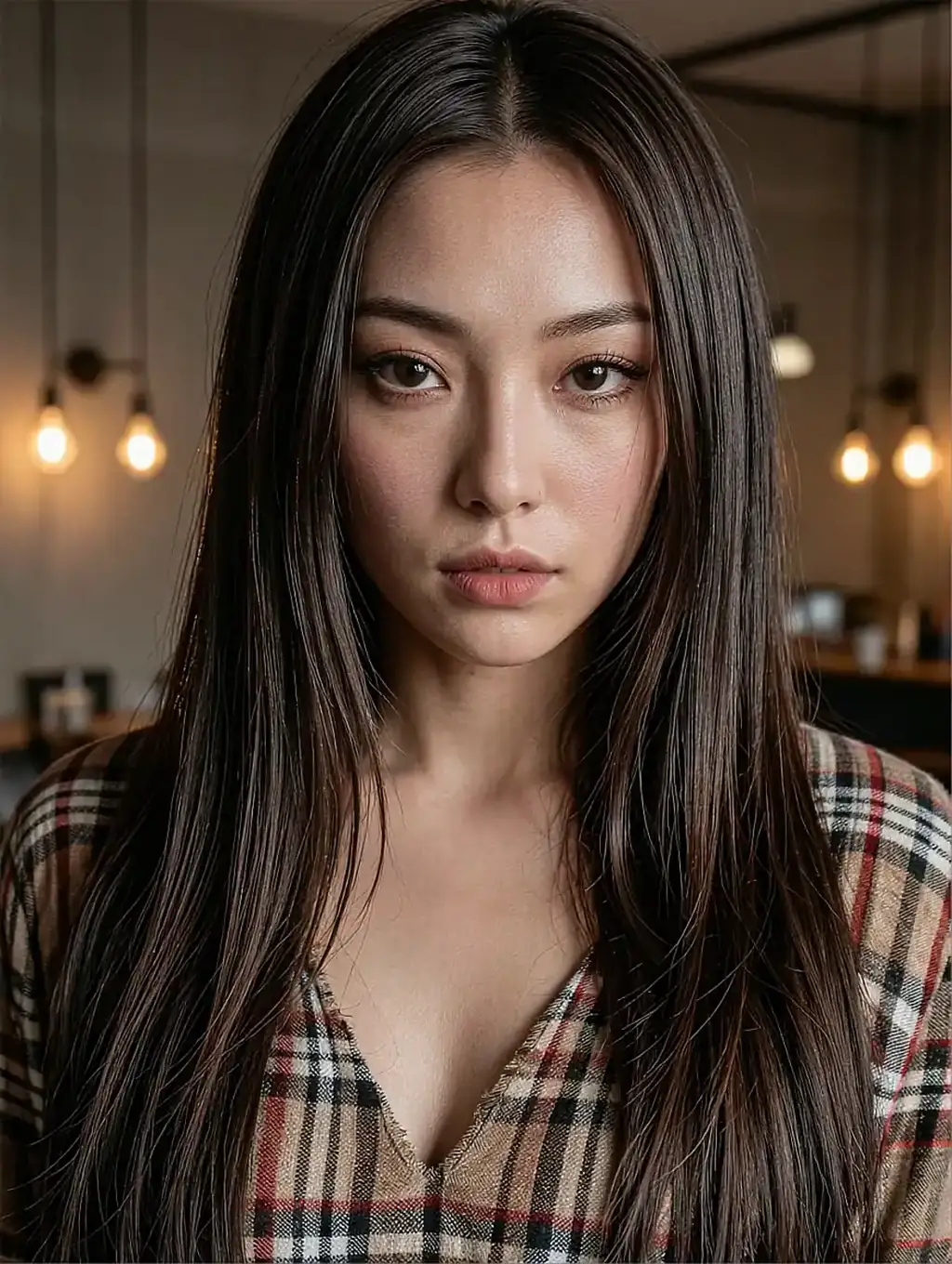 Fictional AI girlfriend in an open checked shirt, hanging bulbs lit behind her in a bar