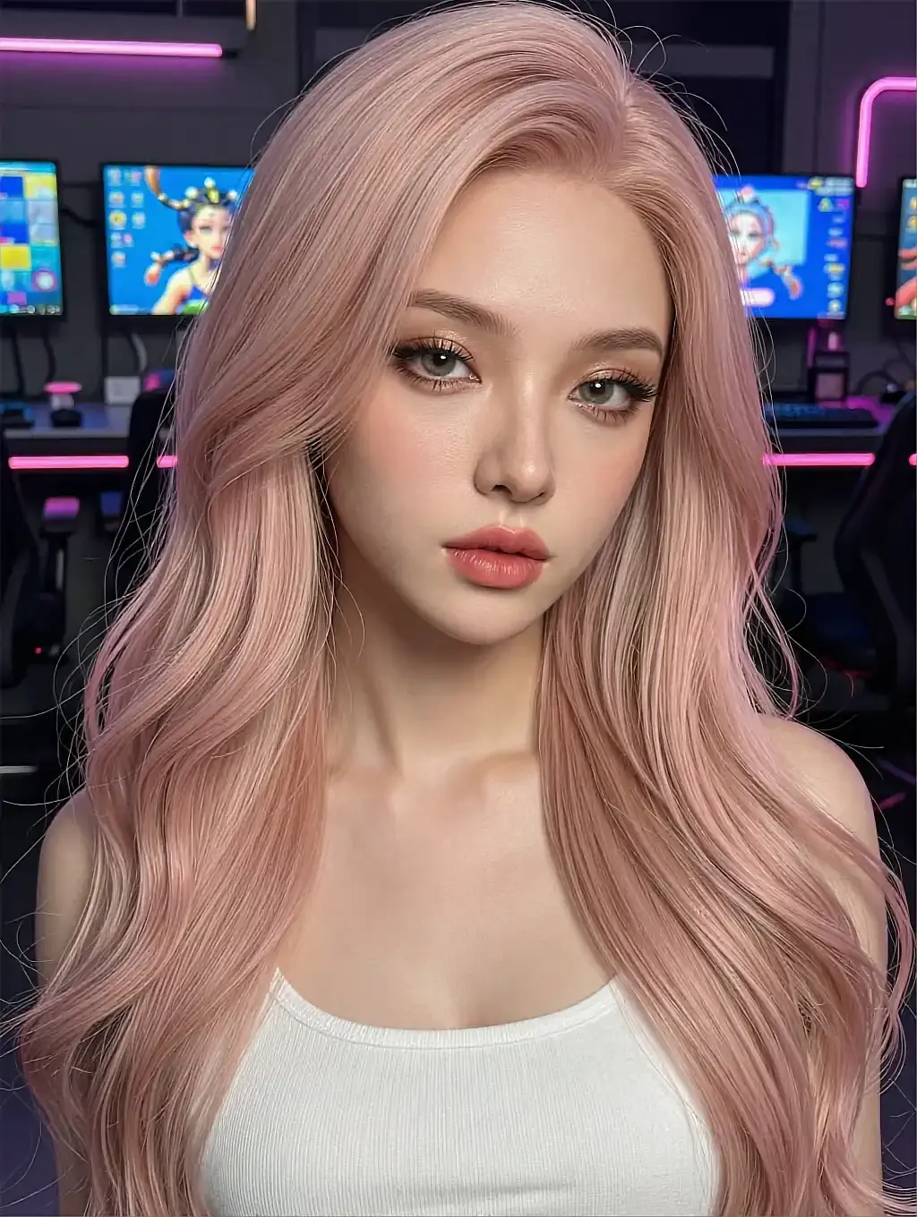 Fictional AI companion with rose-pink hair in a white vest top at a desk of monitors lit pink